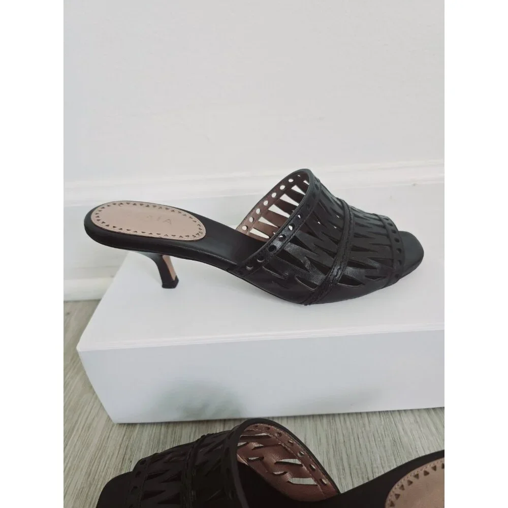 Alaia Paris Cutout Leather Black Slip On Open Toe Kitten Heels Mules Shoes 37 7 - Picture 10 of 11